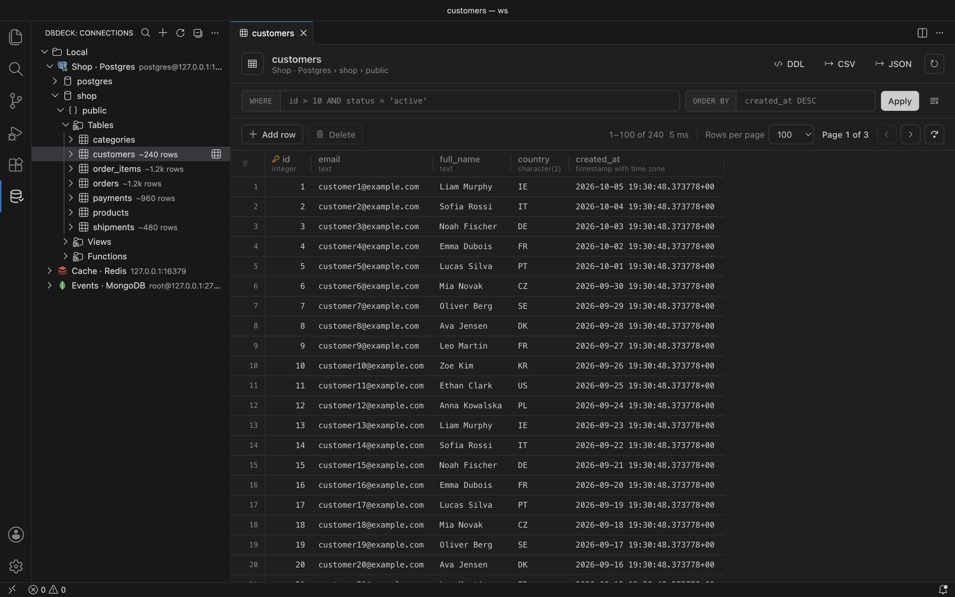 DBDeck in VS Code: connection tree with PostgreSQL, Redis and MongoDB, and the customers table in the data grid